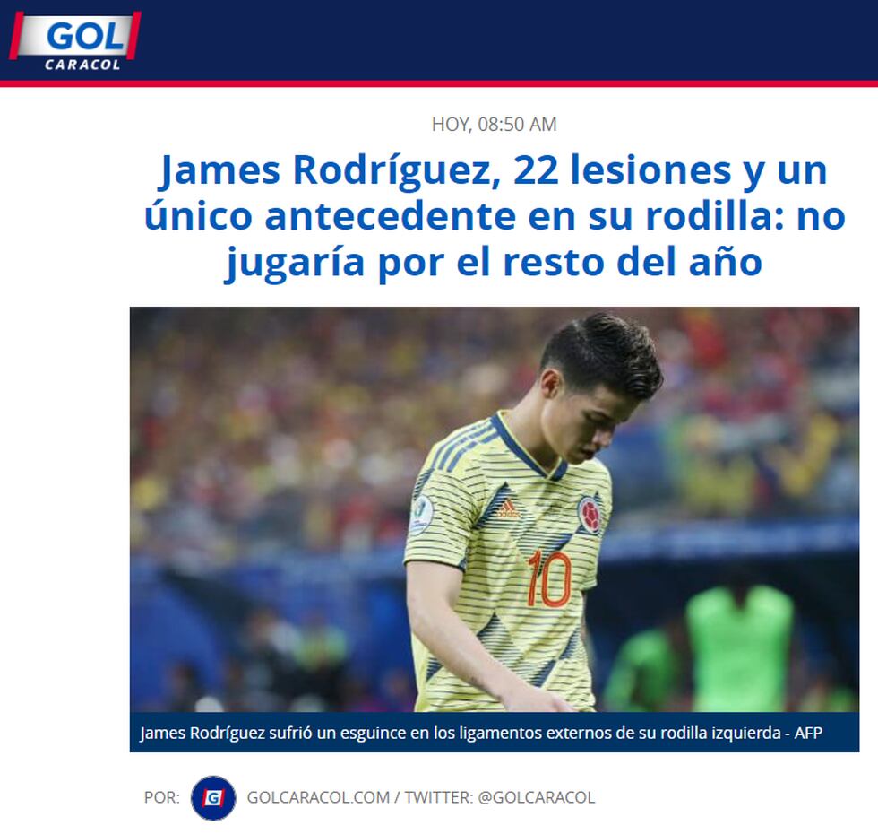 James Rodríguez ausente del Perú-Colombia | Foto: Captura Gol Caracol