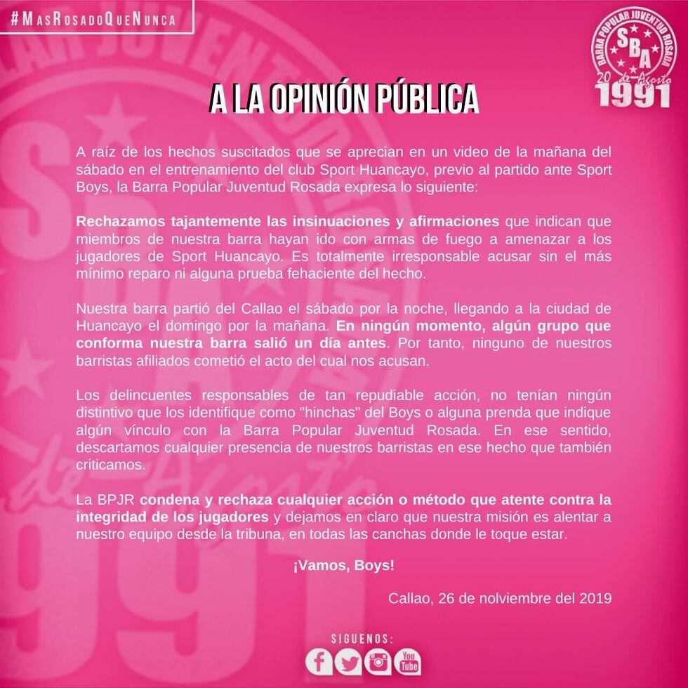Sport Boys | Comunicado del club y de la barra Juventud Rosada tras supuesta ‘apretada’ al plantel de Sport Huancayo | FOTO