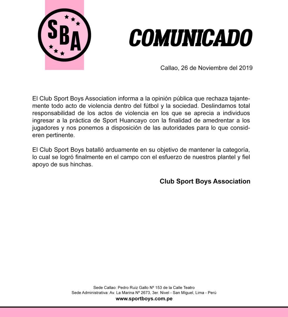 Sport Boys | Comunicado del club y de la barra Juventud Rosada tras supuesta ‘apretada’ al plantel de Sport Huancayo | FOTO