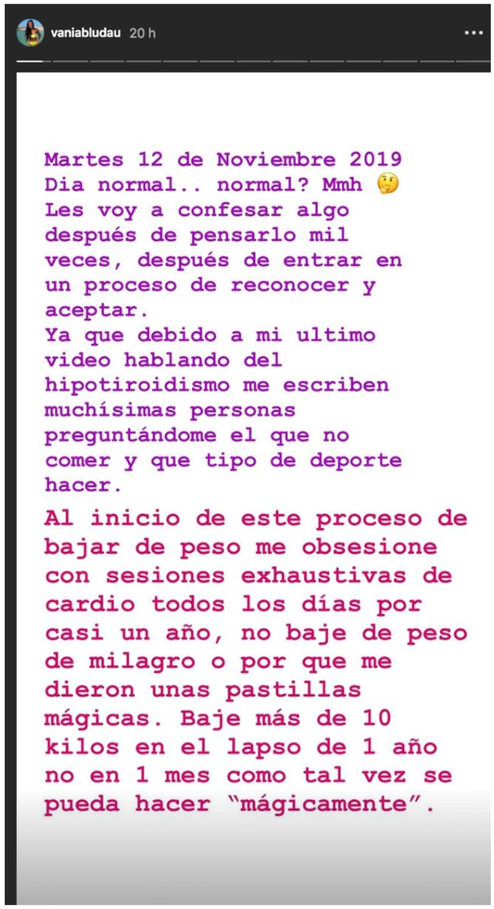 La modelo se sinceró con sus seguidores. (Foto: @vaniabluadu)