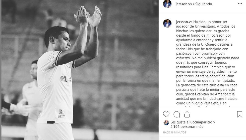 Universitario | Jersson Vásquez oficializa su salida del club con mensaje en Instagram | FOTO